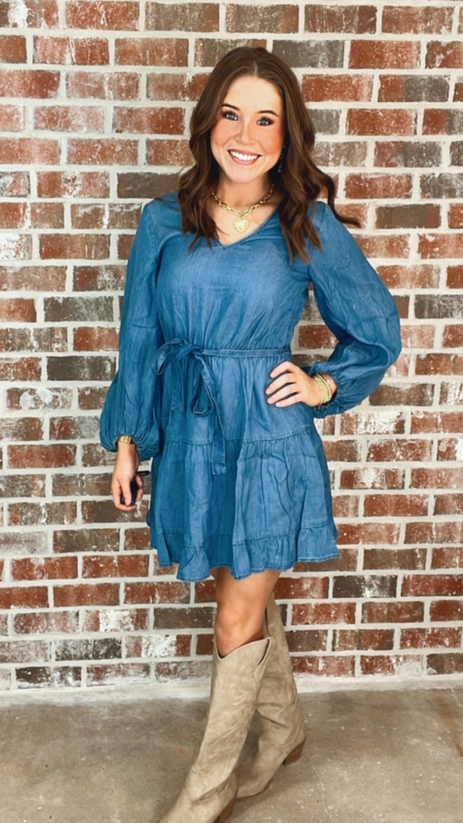 TIERED TENCEL LS MINI DRESS - MEDIUM BLUE  Holt & Company, LLC