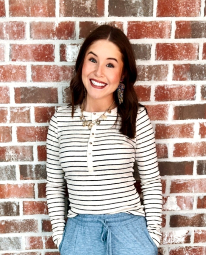 Z EVE STRIPE HENLEY LS - LIGHT OATMEAL