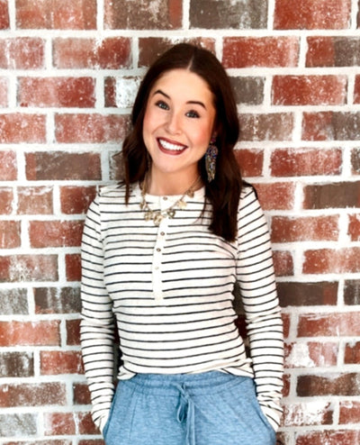 Z EVE STRIPE HENLEY LS - LIGHT OATMEAL