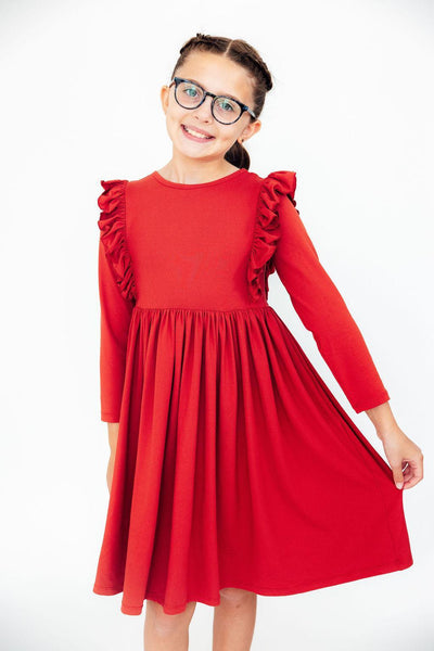 RED RUFFLE TWIRL DRESS