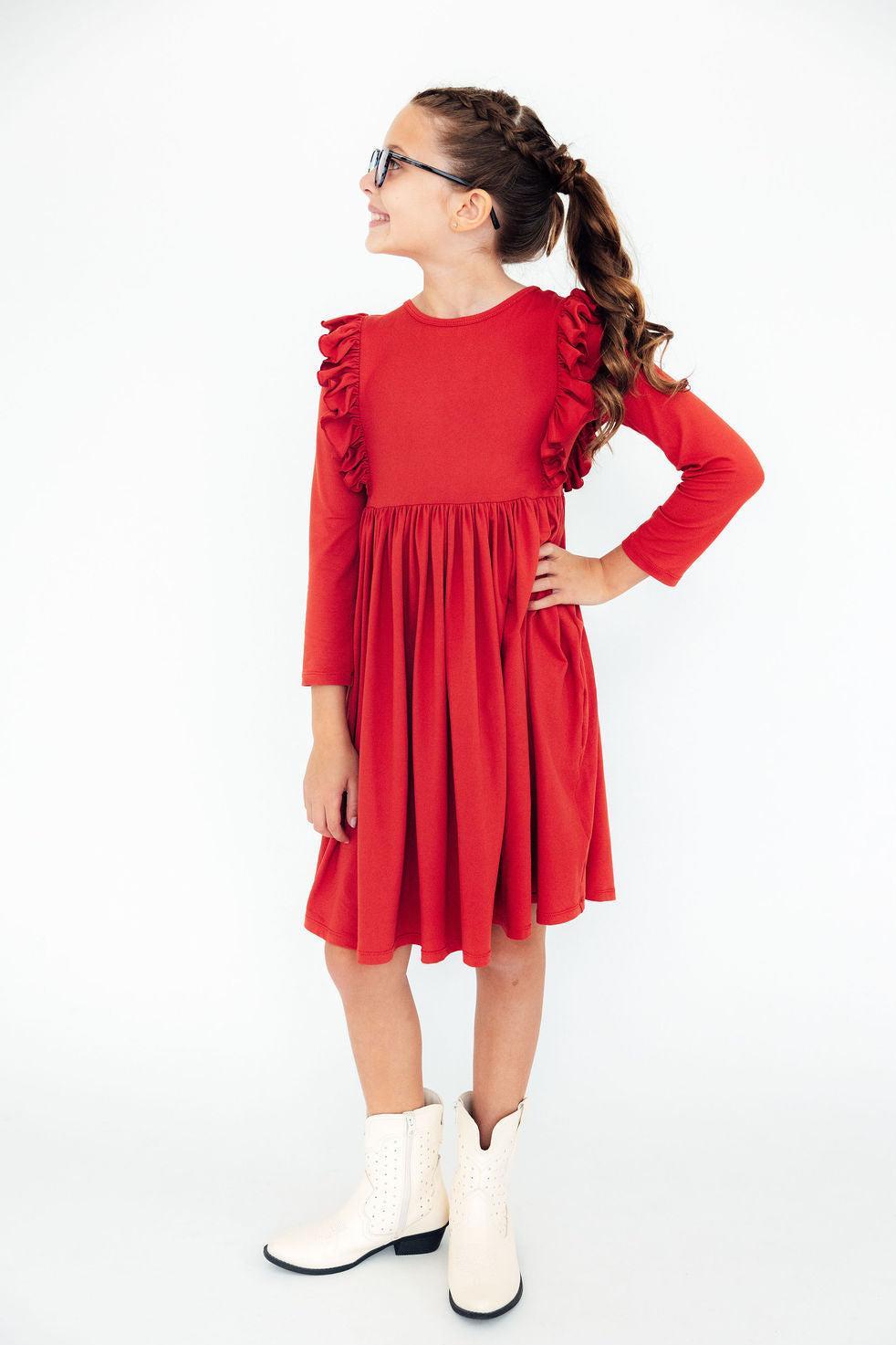 RED RUFFLE TWIRL DRESS