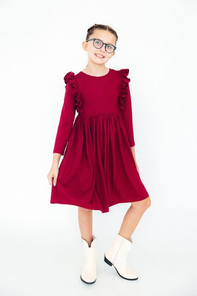 BURGUNDY RUFFLE TWIRL DRESS